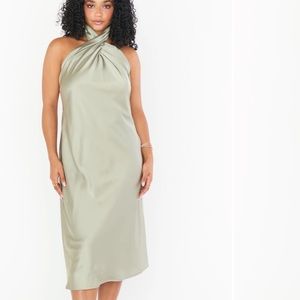 Show Me Your Mumu Jasmine Halter Midi Dress in Moss Green Luxe Satin, Sz XS